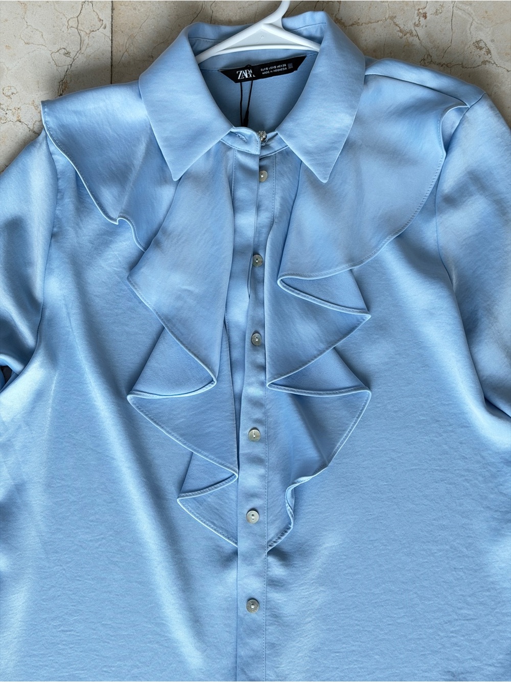 Zara Soft Sky Blue Ruffle Front Blouse - Picture 3 of 4